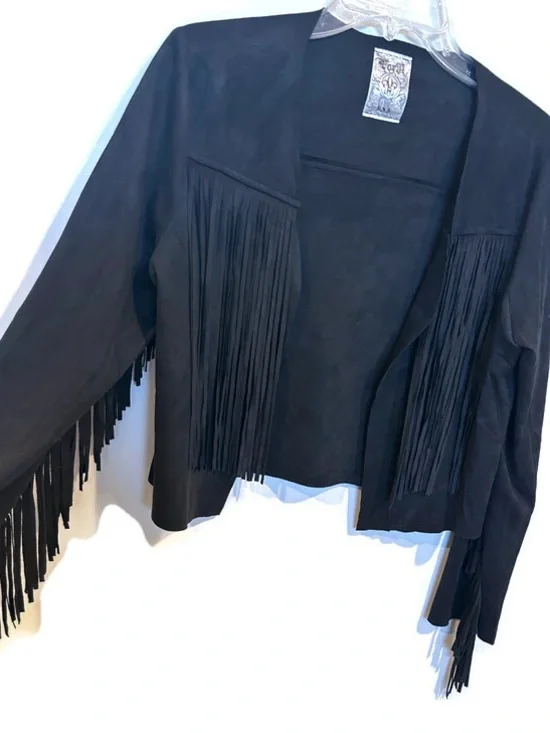 Vocal Black Faux Suede Fringe Cropped Jacket Western Boho Cowgirl Style Medium - Picture 5 of 9